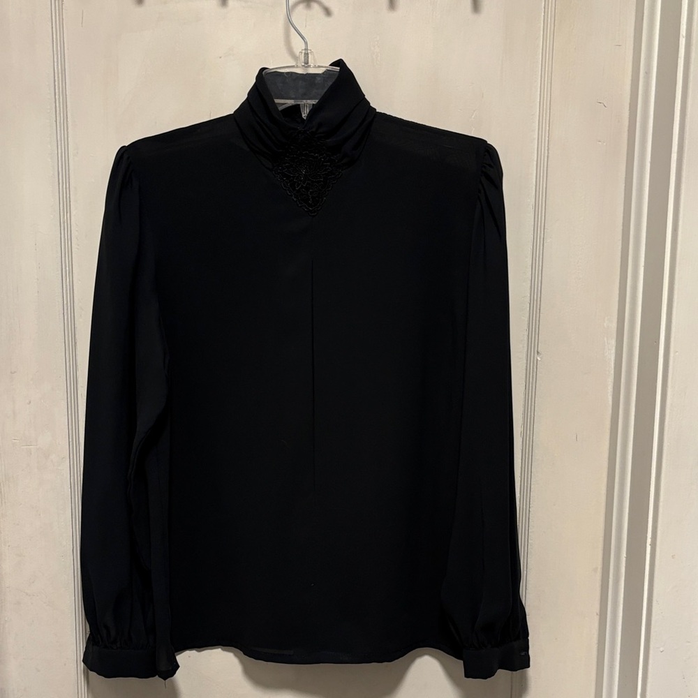 Vintage Susan Hutton Victorian Gothic Black High Neck Puffy Long Sleeve Blouse 8